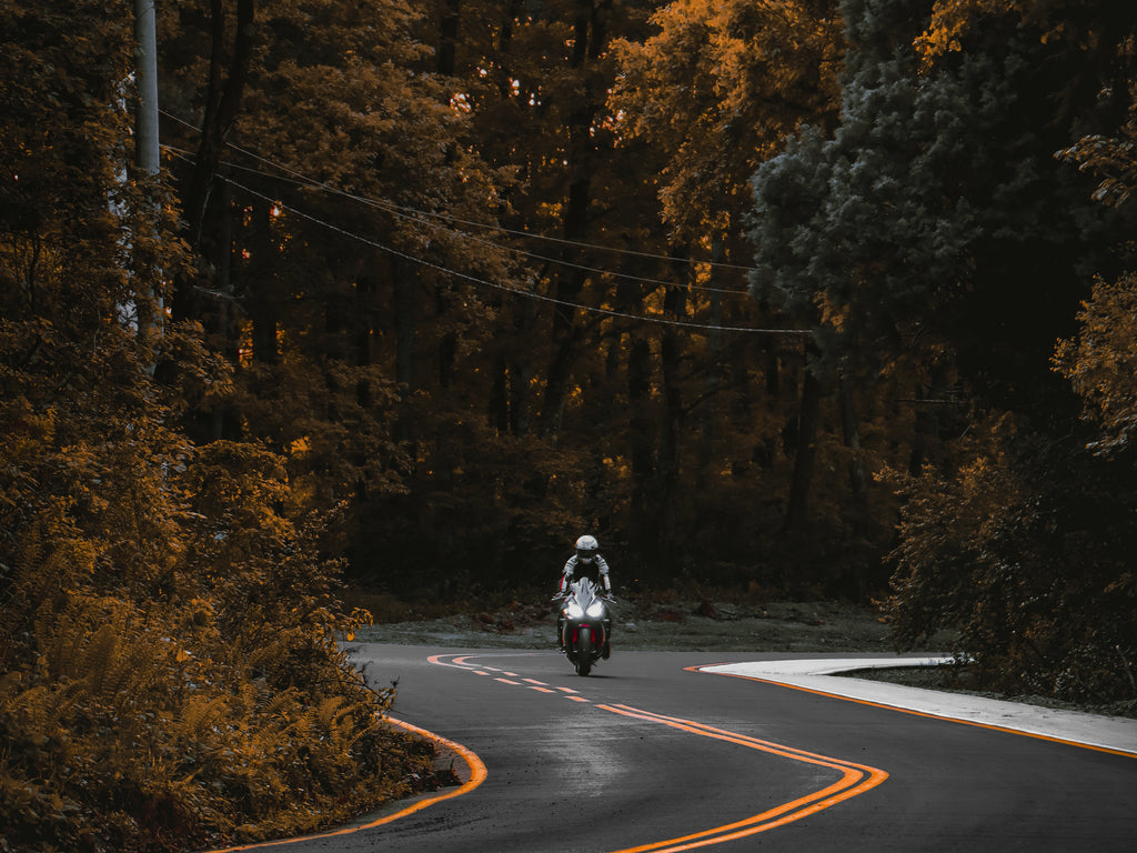 Motorcyclist on a winding autumn forest road