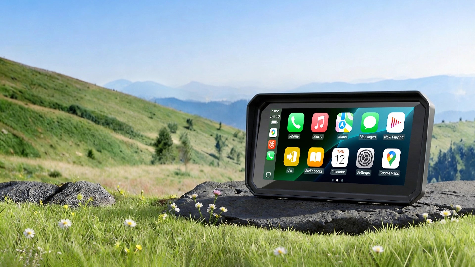 Aoocci motorlcycle infotainment screen displaying apps with a scenic background of hills and sky.