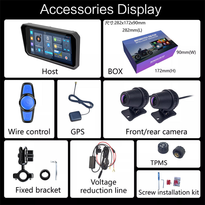 Display of aoocci U6 accessories including a host, box, wire control, GPS, front/rear camera, fixed bracket, voltage reduction line, and screw installation kit.