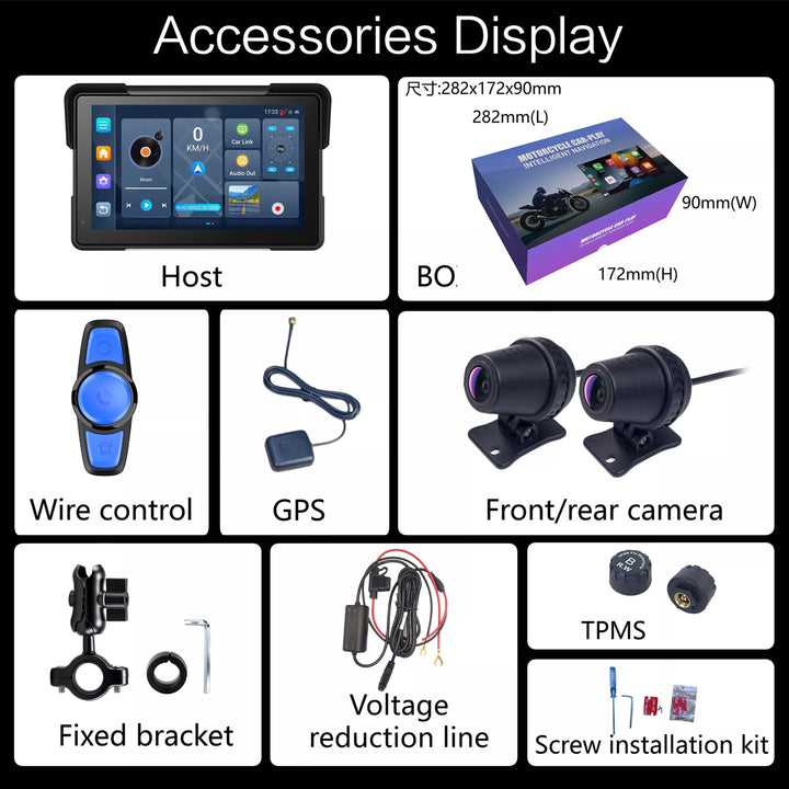 Display of Aoocci U7 accessories including a host, box, wire control, GPS, front/rear camera, fixed bracket, voltage reduction line, and screw installation kit.