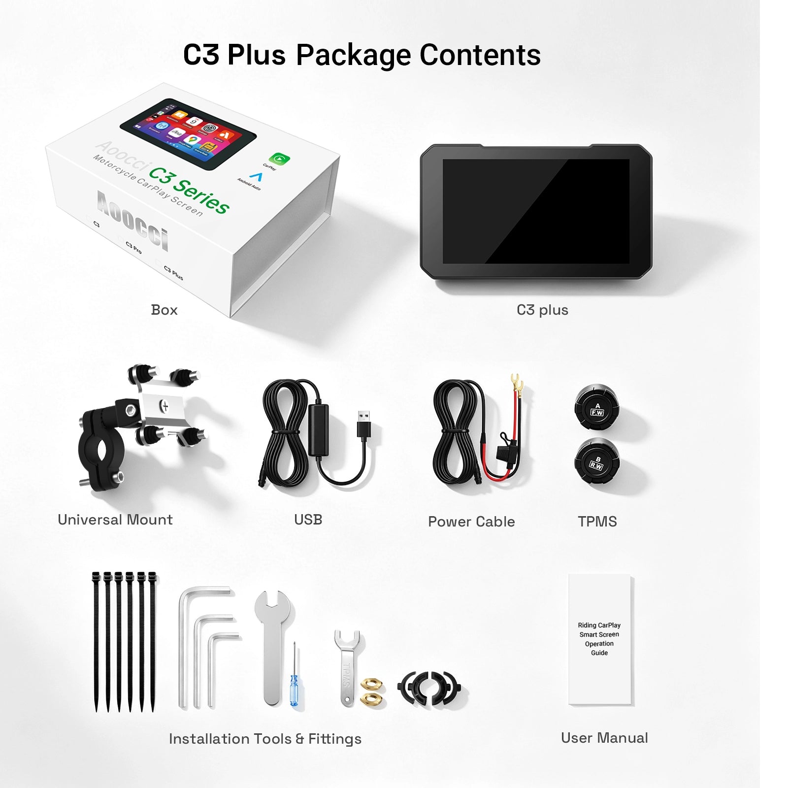 Aoocci C3 Plus package contents with USB conversion cable, 12 V ACC hardwire cable, TPMS sensors, universal mount, tools, fittings, and user manual