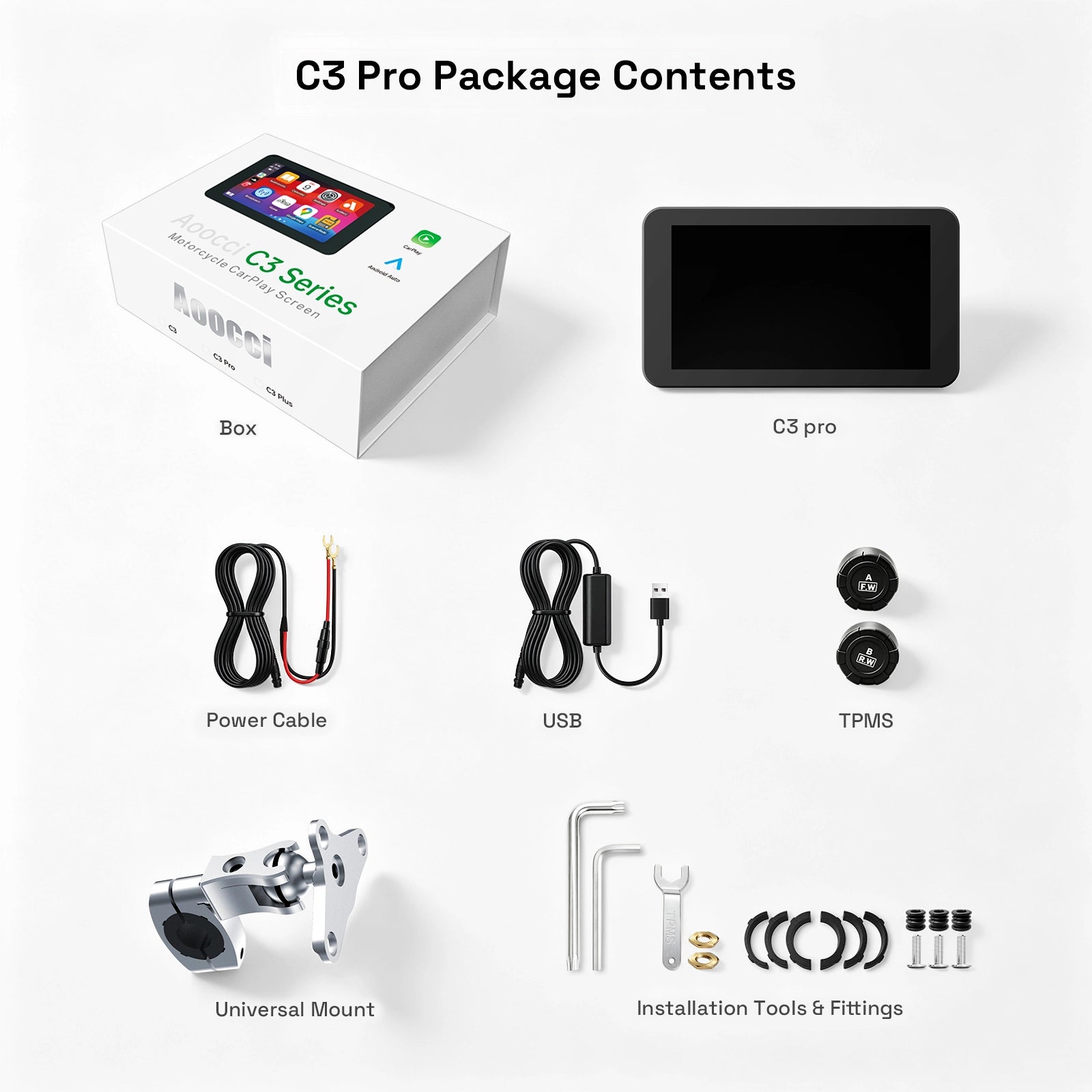 Aoocci C3 Pro package contents with USB conversion cable, 12 V ACC hardwire cable, TPMS sensors, CNC metal mount, and installation fittings