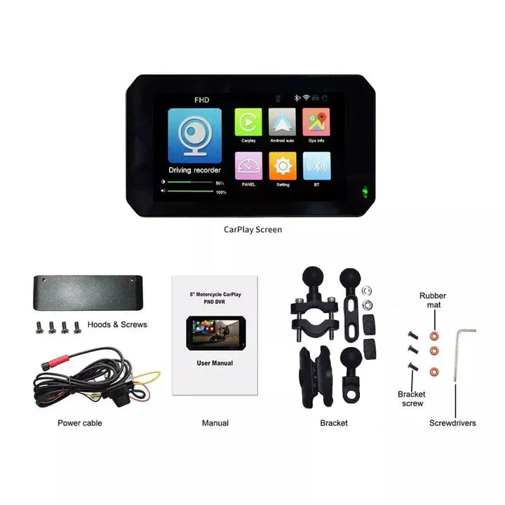 Aoocci C5 5" videocamera portatile CarPlay per moto, dash cam anteriore e posteriore