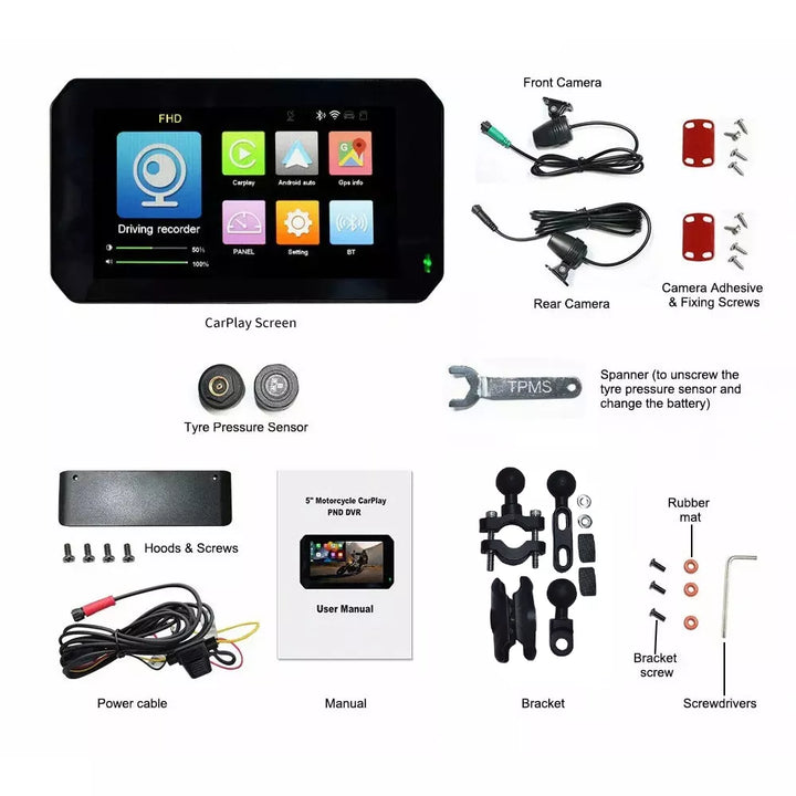 Aoocci C5 5" videocamera portatile CarPlay per moto, dash cam anteriore e posteriore